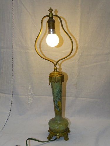 -SUPERBE ANCIEN PIED DE LAMPE PIED BRONZE CORPS CERAMIQUE à CRISTALLISATIONS   D