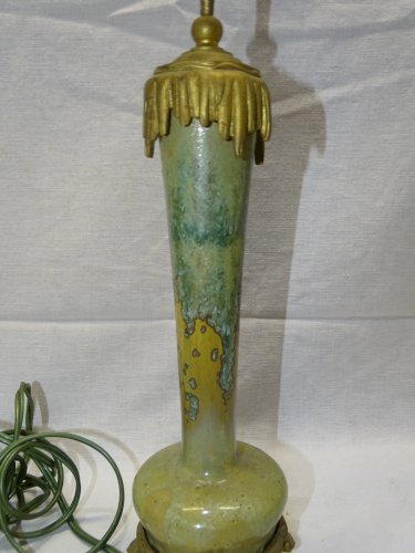 -SUPERBE ANCIEN PIED DE LAMPE PIED BRONZE CORPS CERAMIQUE à CRISTALLISATIONS   D