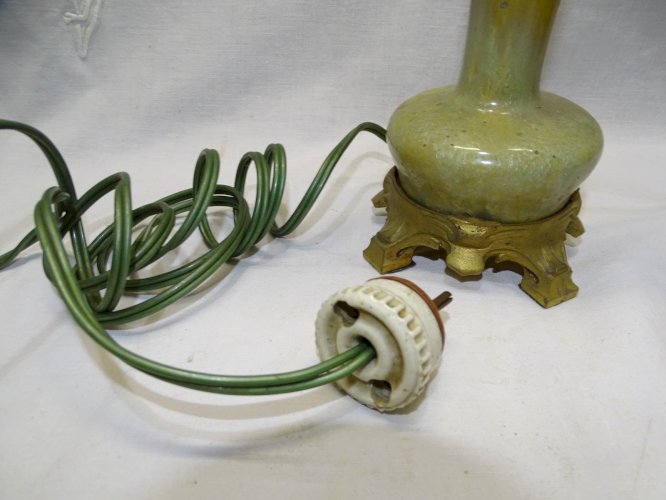-SUPERBE ANCIEN PIED DE LAMPE PIED BRONZE CORPS CERAMIQUE à CRISTALLISATIONS   D