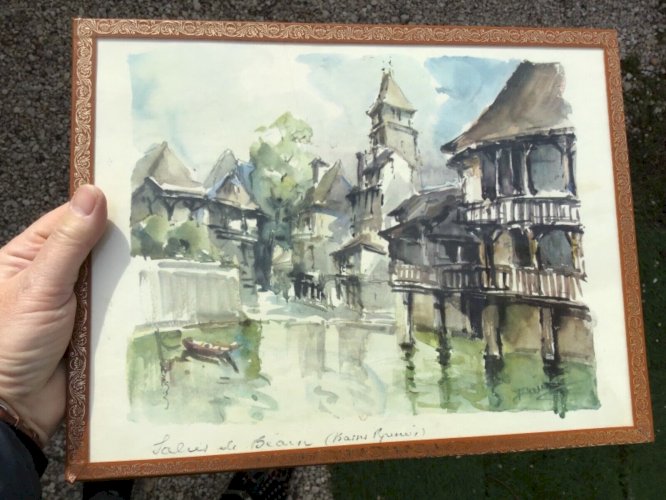 Superbe Aquarelle SALIES  DE BÉARN PYRÉNÉES peinture  signé 