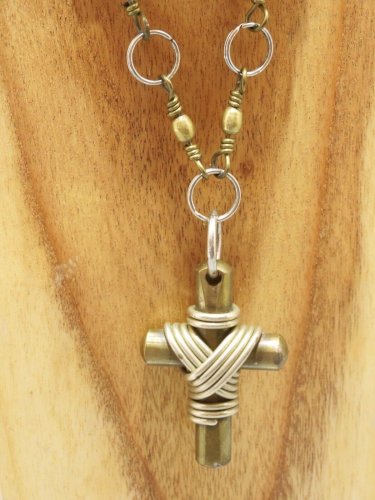  - SUPERBE COLLIER BRUTALISTE CROIX LAITON COLLIER Métal LAITON  BIJOU VINTAGE  D