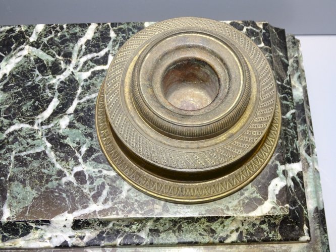 -SUPERBE ENCRIER MARBRE VERT XIXe BRONZE Style EMPIRE COLLECTION déco BUREAU   D