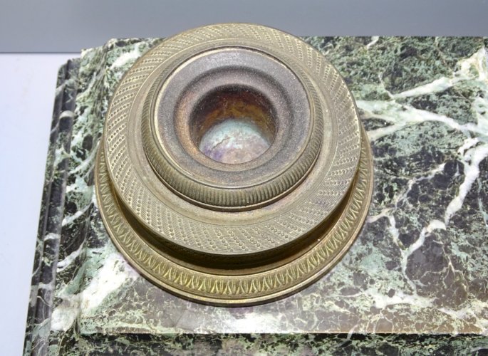 -SUPERBE ENCRIER MARBRE VERT XIXe BRONZE Style EMPIRE COLLECTION déco BUREAU   D