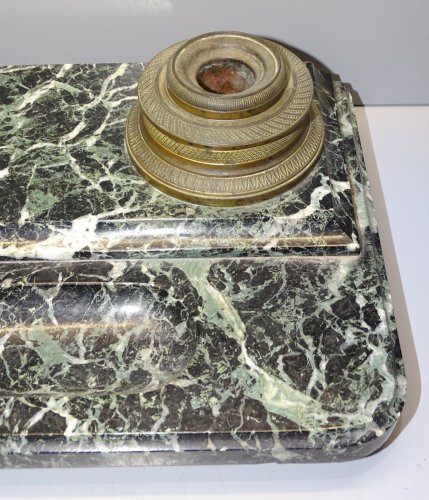 -SUPERBE ENCRIER MARBRE VERT XIXe BRONZE Style EMPIRE COLLECTION déco BUREAU   D