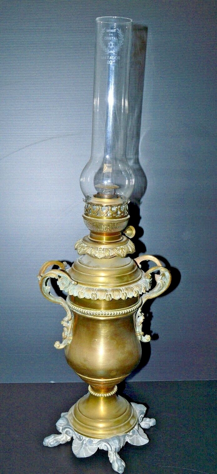 Ancienne Grande Lampe A Petrole Verre Emaille Marbre Debut Xx Siecle