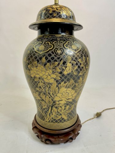 Superbe lampe en porcelaine de Paris Pièce unique années 1960 Noir Et Or