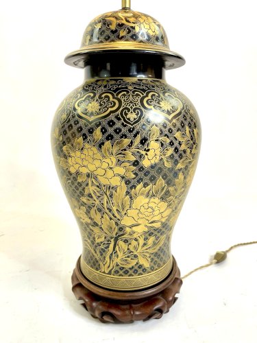 Superbe lampe en porcelaine de Paris Pièce unique années 1960 Noir Et Or