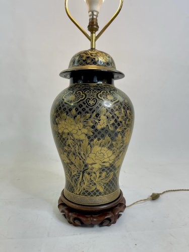 Superbe lampe en porcelaine de Paris Pièce unique années 1960 Noir Et Or