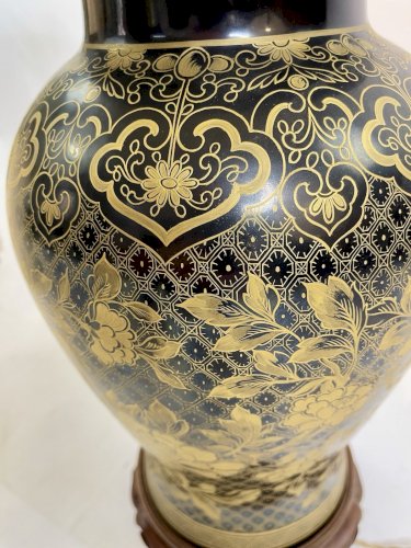 Superbe lampe en porcelaine de Paris Pièce unique années 1960 Noir Et Or