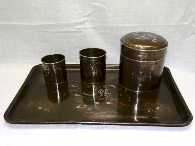 -SUPERBE NECESSAIRE FUMEUR OPIUM JAPON CUIVRE INCRUSTATIONS ARGENT COLLECTION  D