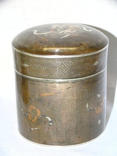 -SUPERBE NECESSAIRE FUMEUR OPIUM JAPON CUIVRE INCRUSTATIONS ARGENT COLLECTION  D