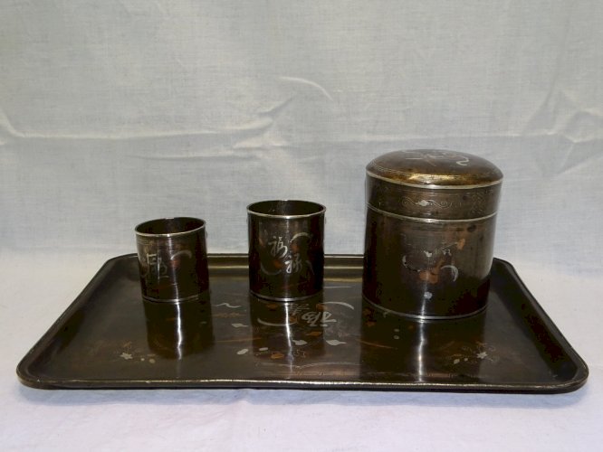 -SUPERBE NECESSAIRE FUMEUR OPIUM JAPON CUIVRE INCRUSTATIONS ARGENT COLLECTION  D