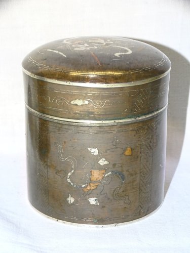 -SUPERBE NECESSAIRE FUMEUR OPIUM JAPON CUIVRE INCRUSTATIONS ARGENT COLLECTION  D