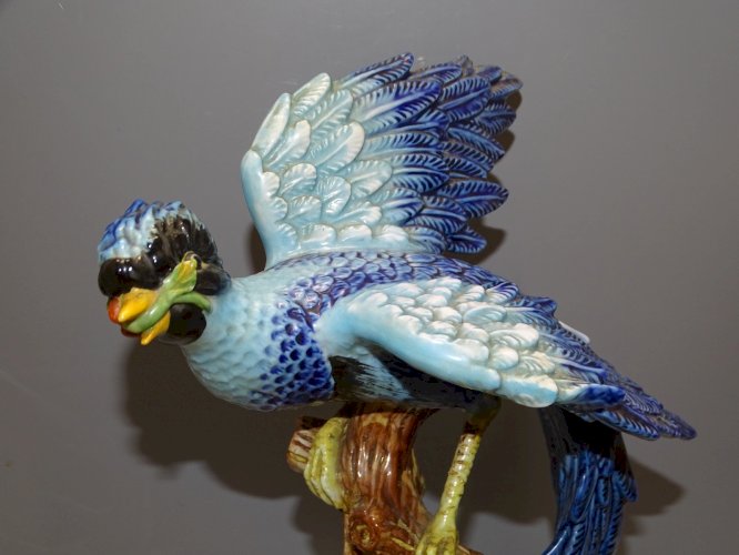 -SUPERBE OISEAU LYRE CERAMIQUE SUR SOCLE LAITON Signé Fabrique à définir   D