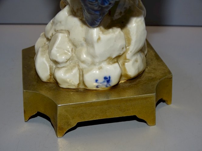 -SUPERBE OISEAU LYRE CERAMIQUE SUR SOCLE LAITON Signé Fabrique à définir   D