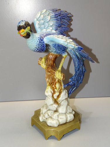 -SUPERBE OISEAU LYRE CERAMIQUE SUR SOCLE LAITON Signé Fabrique à définir   D