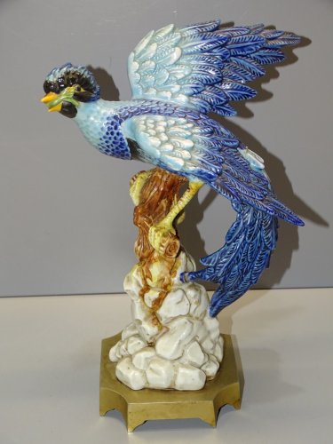 -SUPERBE OISEAU LYRE CERAMIQUE SUR SOCLE LAITON Signé Fabrique à définir   D