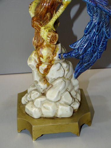 -SUPERBE OISEAU LYRE CERAMIQUE SUR SOCLE LAITON Signé Fabrique à définir   D