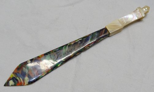 SUPERB BAKELITE LETTER OPENER and MOTHER OF PEARL SOUVENIR FROM FOURAS 1900 MOTHER OF PEARL LIGHTHOUSE D