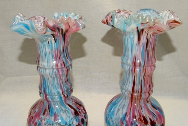 -SUPERBE PAIRE de VASES LEGRAS Verrerie de Clichy fin XIXe BLANC ROSE BLEU     D