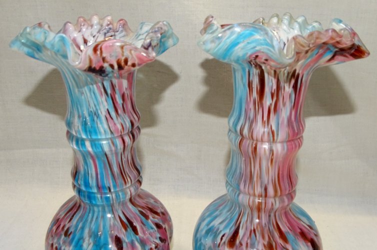 -SUPERBE PAIRE de VASES LEGRAS Verrerie de Clichy fin XIXe BLANC ROSE BLEU     D