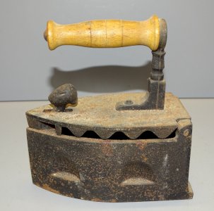 SUPERB SMALL CHARCOAL IRON WITH WOOD HANDLE, FOUND IN ATTIC DECOR D