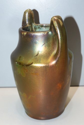 -SUPERBE PETIT VASE CERAMIQUE IRISEE & avec PETITES FLEURS  signé MONTIERES   D