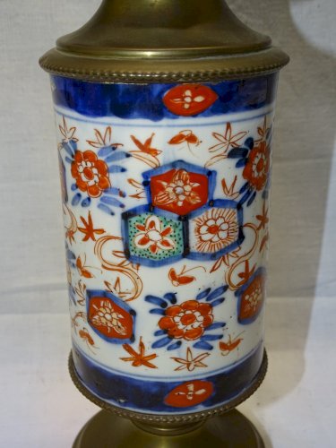 -SUPERBE PIED DE LAMPE A PETROLE PORCELAINE IMARI et LAITON AVEC sa TÊTE     D