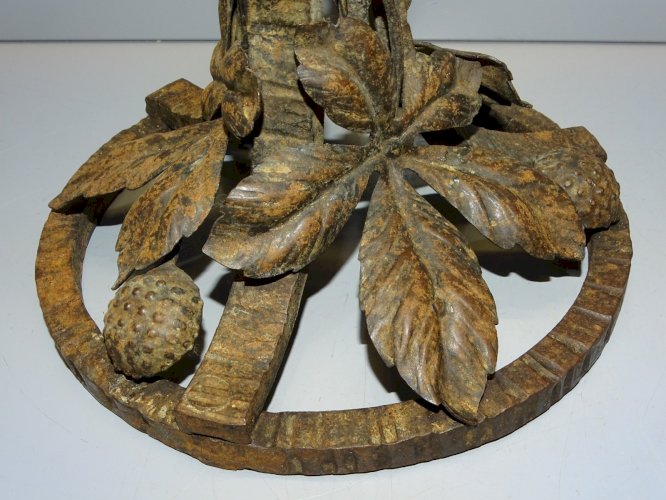 -SUPERBE PIED FER FORGE FEUILLES & BOGUES CHATAIGNIER Goût E BRANDT non signé  D