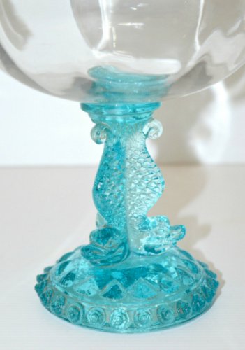 -SUPERBE POT BOCAL A SANGSUES Pieds dauphins Bleu PORTIEUX VERRE Soufflé D