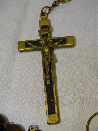 -SUPERBE ROSAIRE CROIX JESUS PERLE TETE DU CHRIST & TETE MORT OS DE BOEUF XIX  D