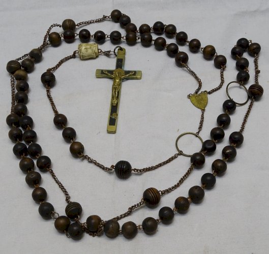 -SUPERBE ROSAIRE CROIX JESUS PERLE TETE DU CHRIST & TETE MORT OS DE BOEUF XIX  D