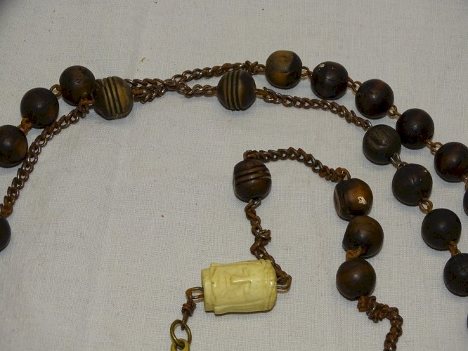 -SUPERBE ROSAIRE CROIX JESUS PERLE TETE DU CHRIST & TETE MORT OS DE BOEUF XIX  D