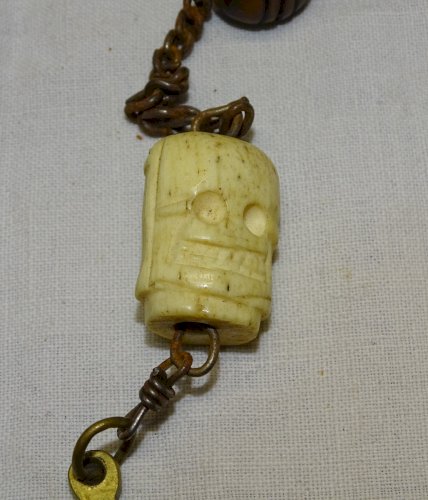 -SUPERBE ROSAIRE CROIX JESUS PERLE TETE DU CHRIST & TETE MORT OS DE BOEUF XIX  D