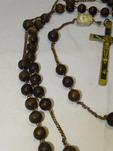 -SUPERBE ROSAIRE CROIX JESUS PERLE TETE DU CHRIST & TETE MORT OS DE BOEUF XIX  D