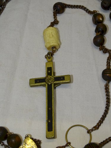 -SUPERBE ROSAIRE CROIX JESUS PERLE TETE DU CHRIST & TETE MORT OS DE BOEUF XIX  D