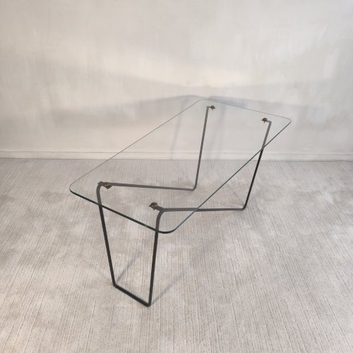 ? Superbe table basse asymétrique AIRBORNE 1950’s verre et métal laqué Made In Montreuil ?