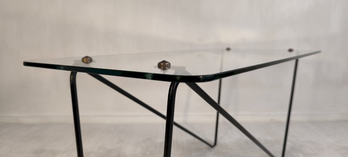 ? Superbe table basse asymétrique AIRBORNE 1950’s verre et métal laqué Made In Montreuil ?