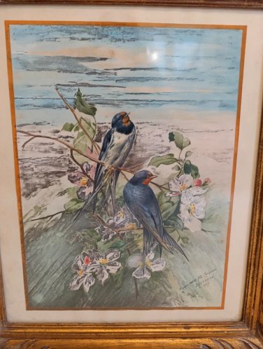 superbe tableau à decor doiseaux signé Sauvanon et daté 1939 en bon etat