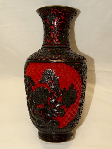 -SUPERBE VASE LAQUE DE CINNABAR LAQUE DE CINABRE ROUGE INTERIEUR EMAIL BLEU   D