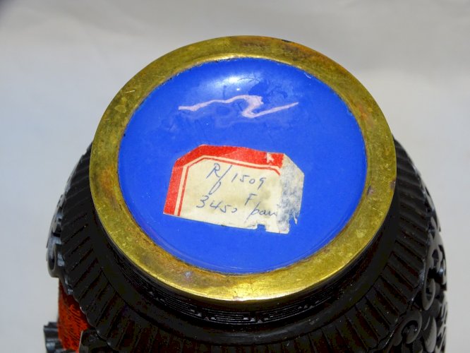 -SUPERBE VASE LAQUE DE CINNABAR LAQUE DE CINABRE ROUGE INTERIEUR EMAIL BLEU   D