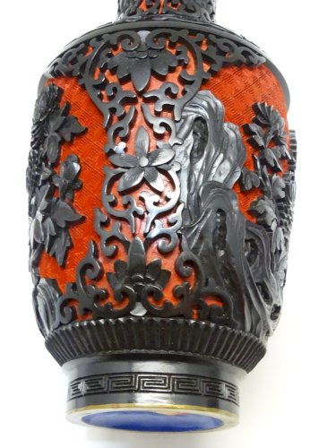 -SUPERBE VASE LAQUE DE CINNABAR LAQUE DE CINABRE ROUGE INTERIEUR EMAIL BLEU   D