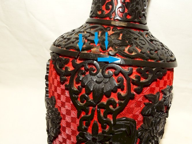 -SUPERBE VASE LAQUE DE CINNABAR LAQUE DE CINABRE ROUGE INTERIEUR EMAIL BLEU   D