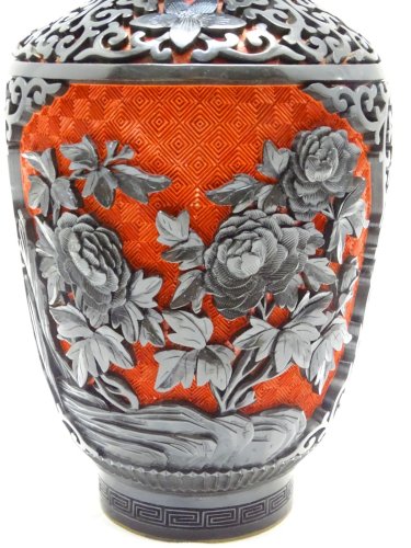 -SUPERBE VASE LAQUE DE CINNABAR LAQUE DE CINABRE ROUGE INTERIEUR EMAIL BLEU   D