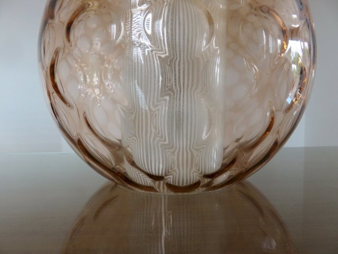SUSPENSION EN VERRE BULLE ROSE ET VERRE STRIE BLANC ANNEES 60 70 VINTAGE 