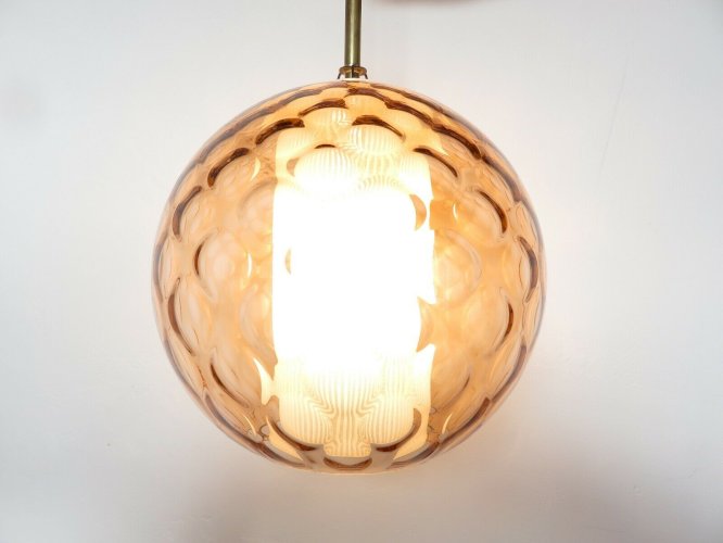 SUSPENSION EN VERRE BULLE ROSE ET VERRE STRIE BLANC ANNEES 60 70 VINTAGE 