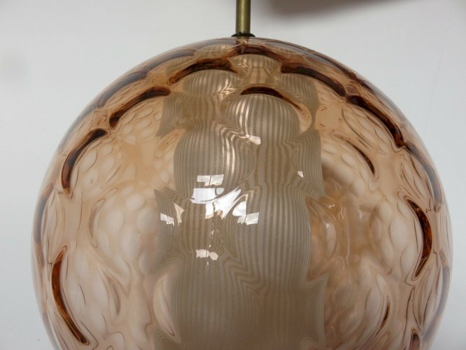 SUSPENSION EN VERRE BULLE ROSE ET VERRE STRIE BLANC ANNEES 60 70 VINTAGE 
