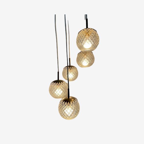 SUSPENSION, LUSTRE ITALIEN  CASCADE  EN LAITON ET VERRE TEXTURE ANNEES 70