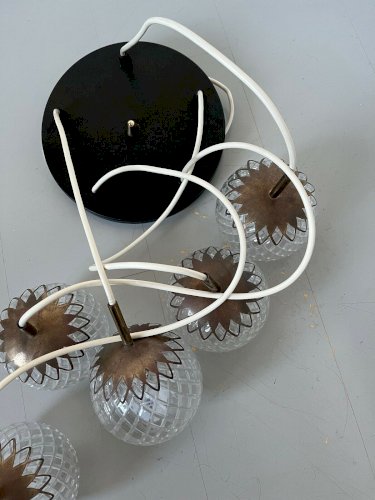 SUSPENSION, LUSTRE ITALIEN  CASCADE  EN LAITON ET VERRE TEXTURE ANNEES 70