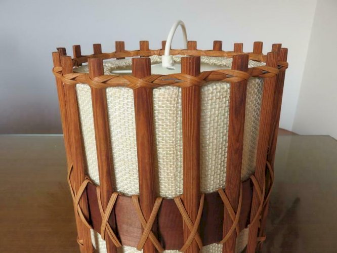 SUSPENSION, LUSTRE, LAMPE SCANDINAVE EN TECK ET TISSU ANNEES 60 70 VINTAGE